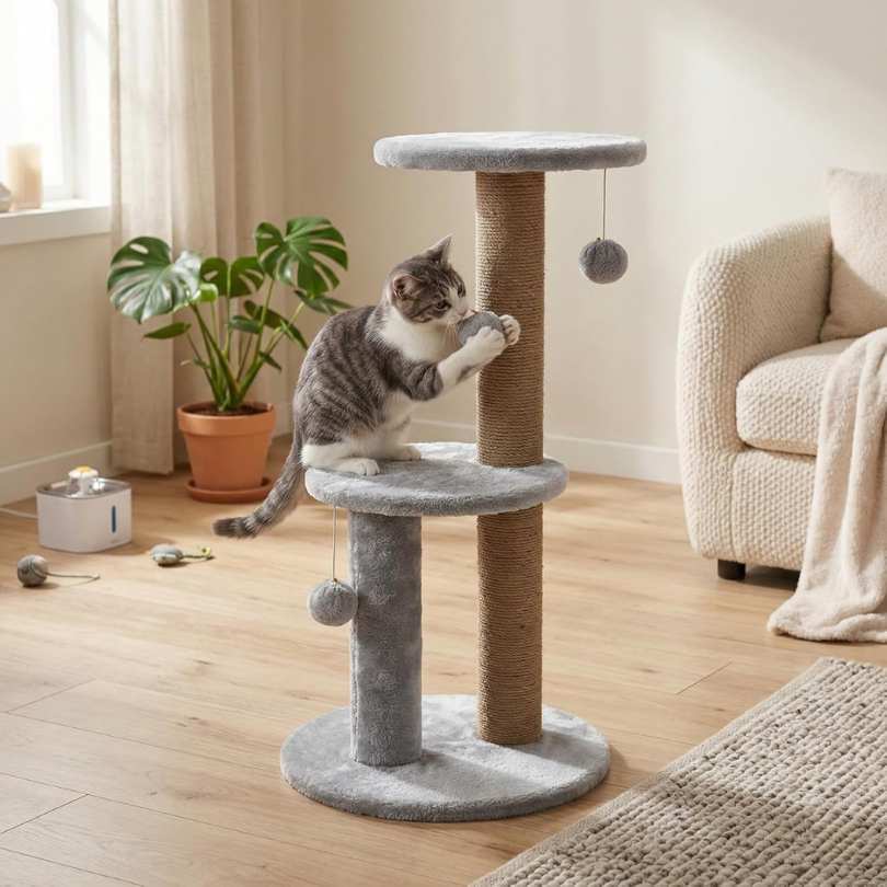 Cat Tree Tower with Scratching Posts, Grey, 3-Tier Multi-Level, Plush Platforms, Natural Rope Posts, Hanging Toys