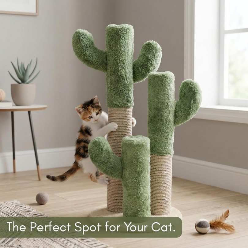 Cactus Cat Scratching Post, Green Plush, Cotton Rope,Interactive Climbing Tower