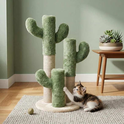 Cactus Cat Scratching Post, Green Plush, Cotton Rope,Interactive Climbing Tower