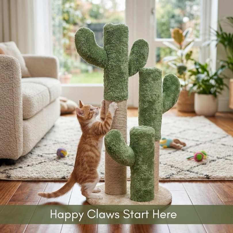 Cactus Cat Scratching Post, Green Plush, Cotton Rope,Interactive Climbing Tower