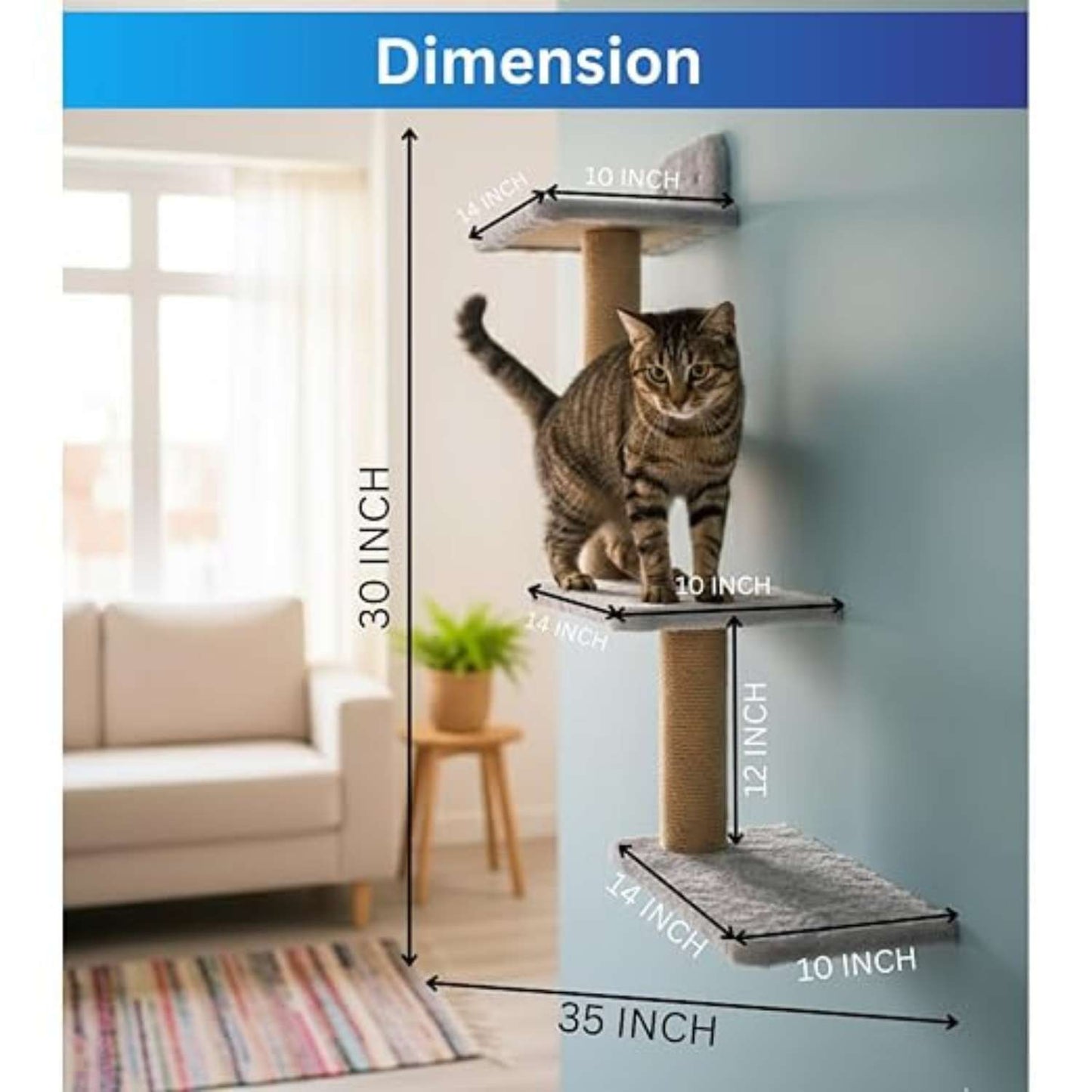 Multi-Level Wall Cat Climber | Grey Plush Cat Tree with Natural Jute Scratcher (30X35X14 INCH)