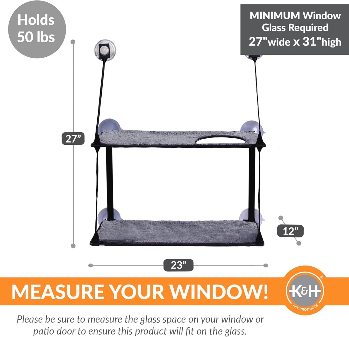 Double Stack Cat Window Perch Hammock Bed | Suction Mount Kitty Sill Seat Gray 12x23 Inch