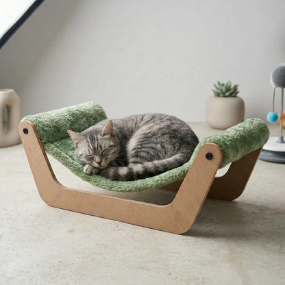 Cat Hammock Bed with Wooden Frame, Plush Grey Cushion, Premium Comfort