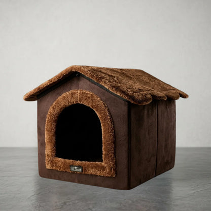 Brown plush indoor dog house and enclosed cat cave with fleece roof.