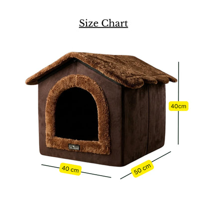 Brown plush indoor pet house bed infographic with 40cm width, 50cm length, and 40cm height dimensions.