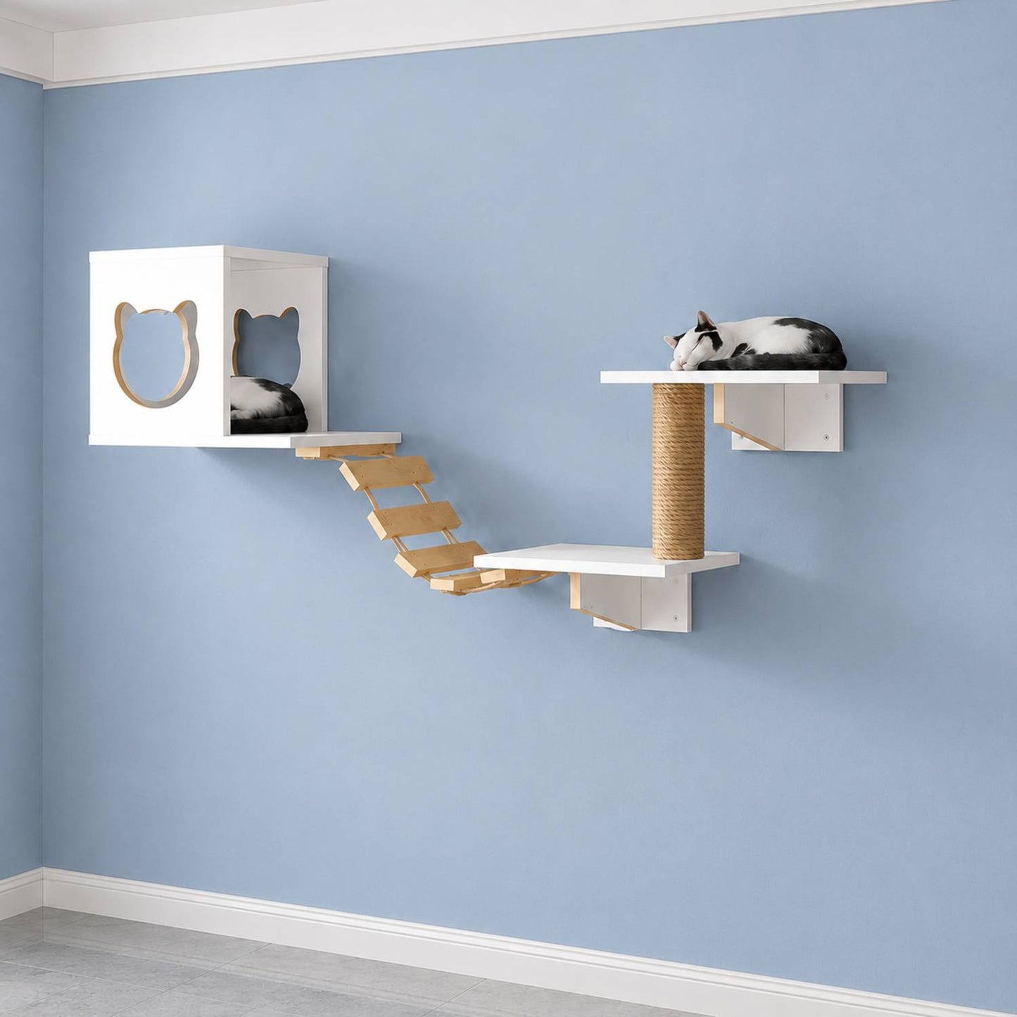 Wall Mounted Cat Tree | Cat Climbing Wall with Bridge & Hideout | Multi-Cat Gym