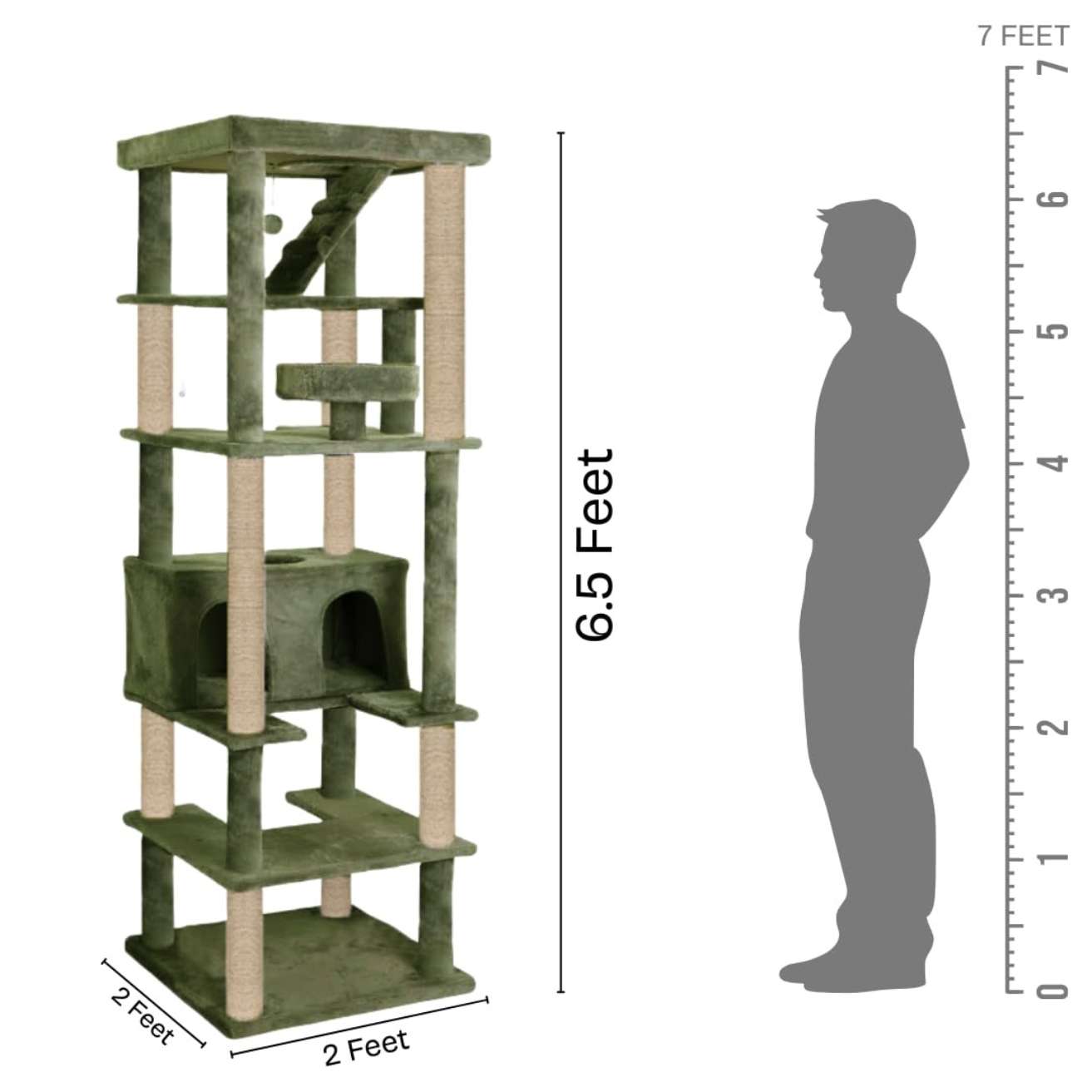 Multilevel Fur Fabric Cat Tree - Ladder | Hanging Ball | Large Condo | Jute Rope Scratching Posts | for Adult Cats & Kittens (Height 75 Inch)