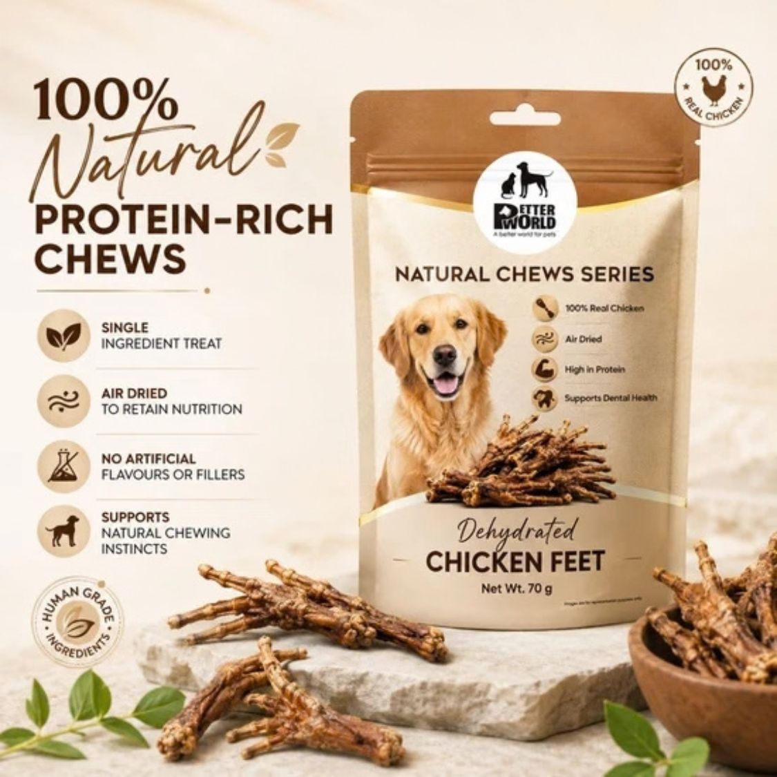 Dehydrated Chicken Feet for Dogs | Natural Dog Crunchy Treats 70g