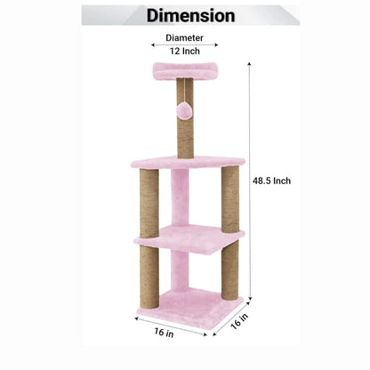 Soft Fur Activity Cat Tree for Kittens & Cats - Scratching Post, Natural Sisal Rope, Three Floor Tower, Hanging Ball (Height 47 Inch)