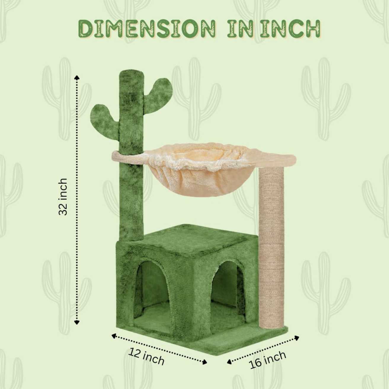 Soft Fur Condo Activity Cat Tree - Jute Rope Scratching Post, Hanging Ball, Hammock, Suitable for Small Cats (Condo 16 x 16 Inch) (Height 38 Inch) (Large) (Cactus)
