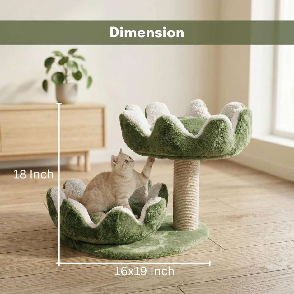 Cat Tree Tower with Scratching Post, Plush Flower Design, 2-Tier with Hanging Ball Toy