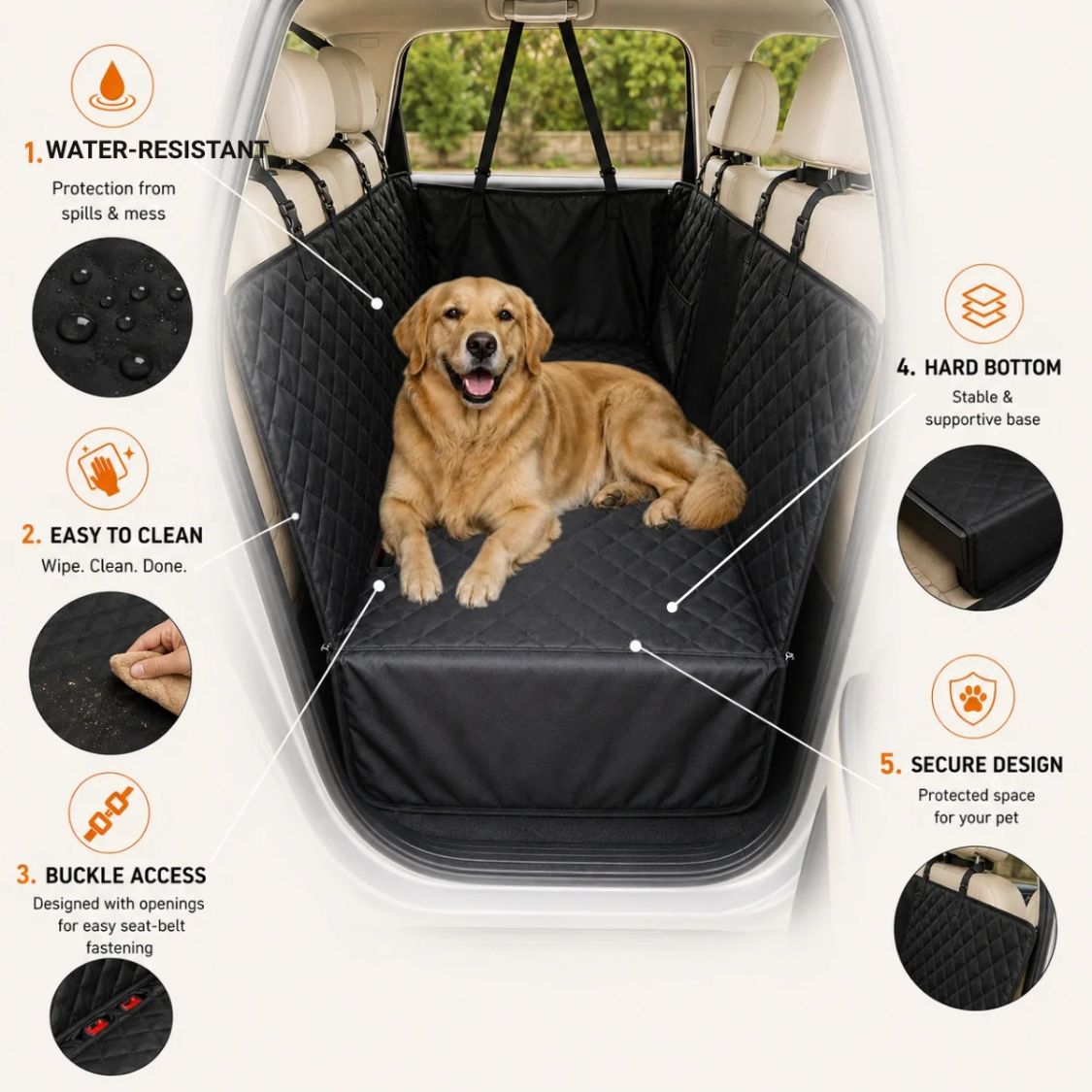 Dog Car Seat Cover with Hard Bottom | Waterproof Pet Hammock for Back Seat Travel