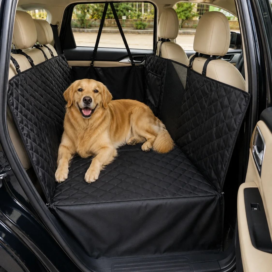 Dog Car Seat Cover with Hard Bottom | Waterproof Pet Hammock for Back Seat Travel