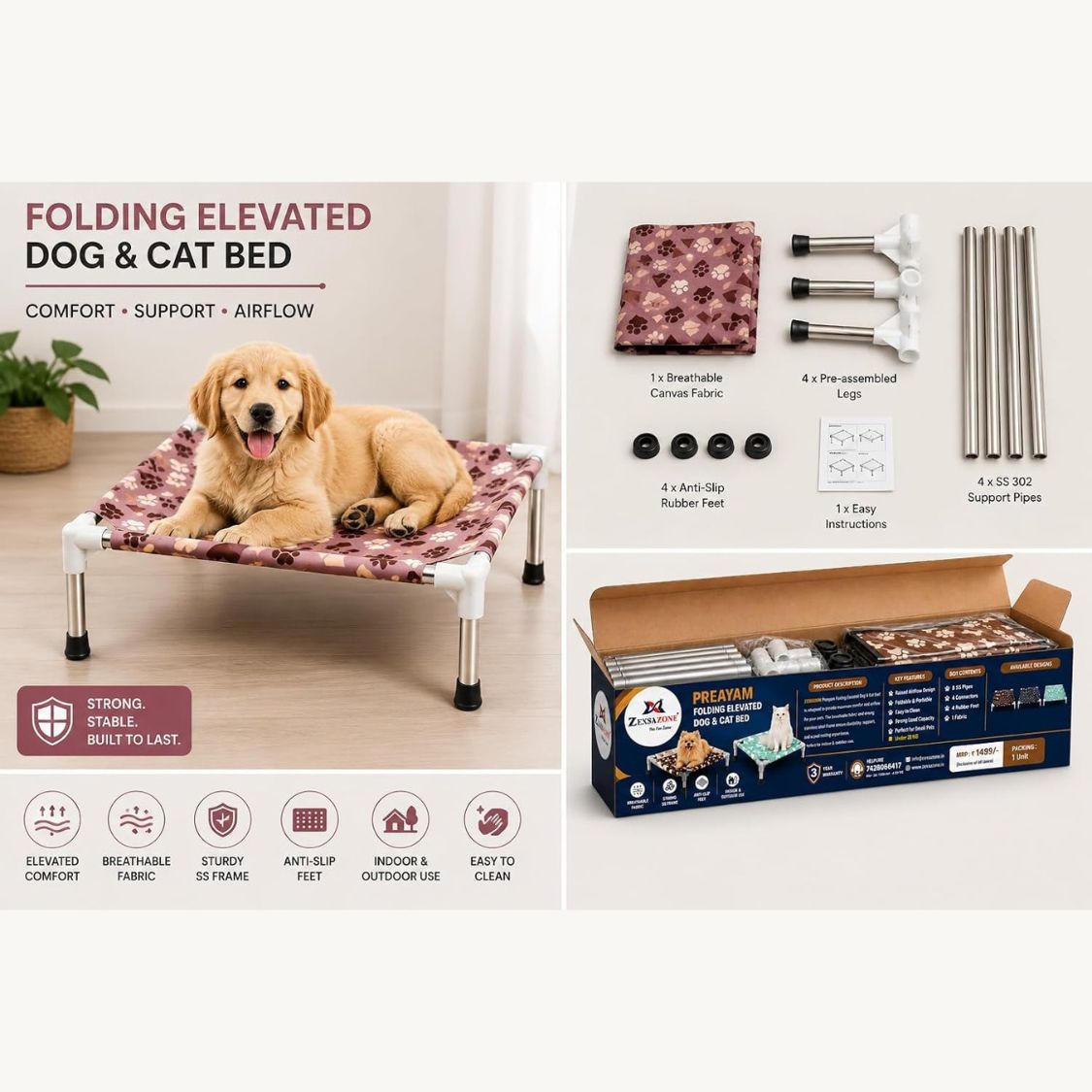 Dog Bed | Elevated Dog Bed for Small Pets & Cats with Steel Frame
