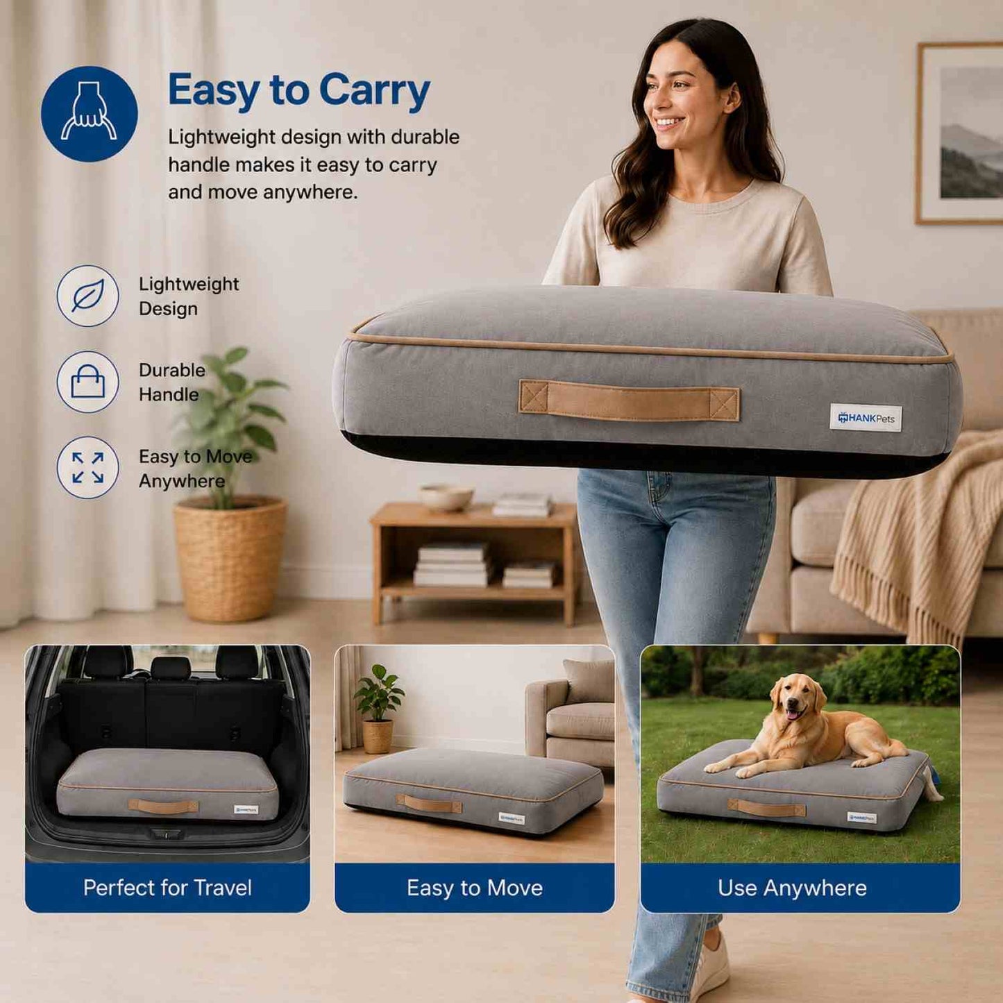 HANK CloudRest Premium Mattress Dog Bed | Anti Skid & Machine Washable (Grey)