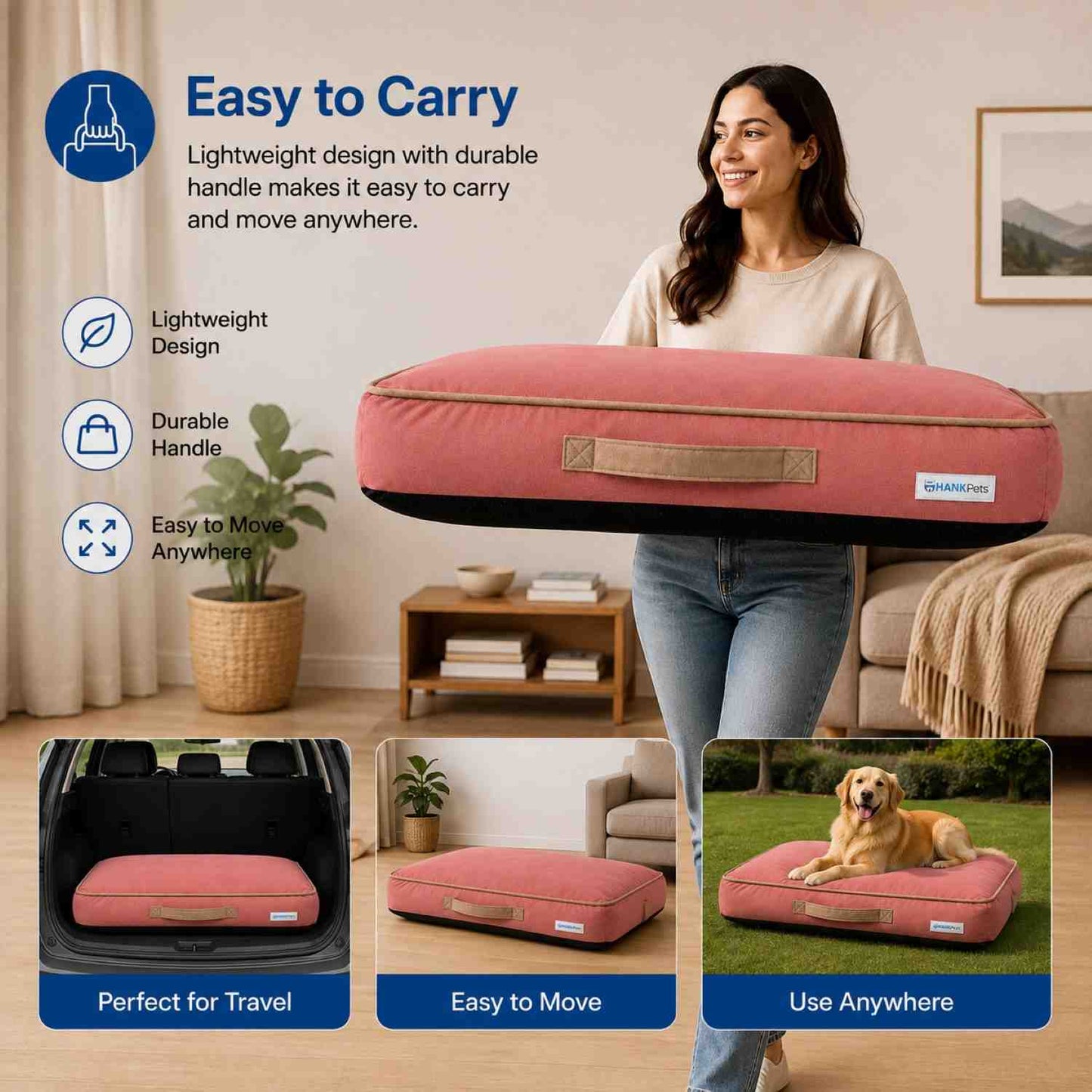 HANK CloudRest Premium Mattress Dog Bed | Anti Skid & Machine Washable (Pink)