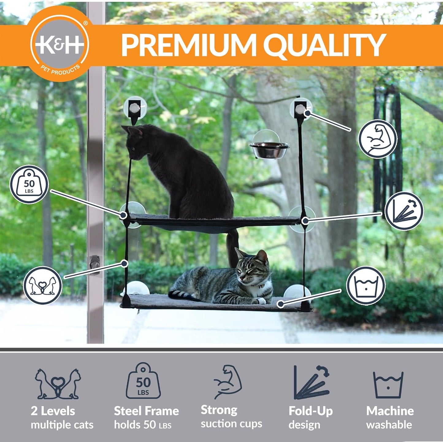 Double Stack Cat Window Perch Hammock Bed | Suction Mount Kitty Sill Seat Gray 12x23 Inch