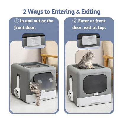 Foldable Cat Litter Box with Top Entry & Front Door | Odor Control, Anti-Scatter & Easy Clean