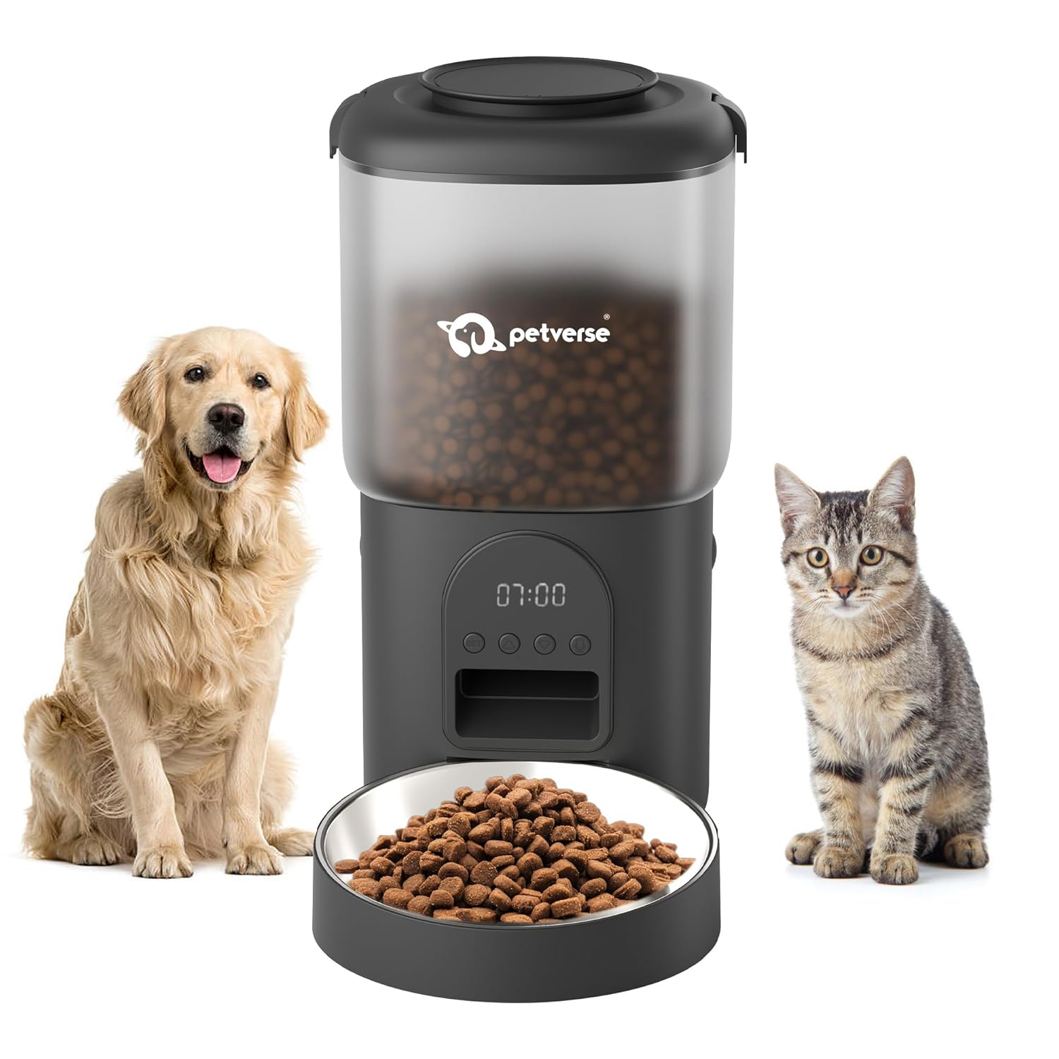Black Petverse automatic timed pet food dispenser filled with kibble, featuring a golden retriever dog and a tabby cat sitting beside it.