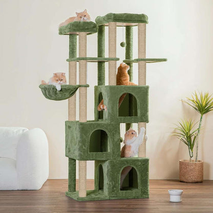 Multilevel Fur Fabric Cat Tree - Multiple Condos | Hanging Ball | Cat House | Jute Rope Scratching Posts | for Adult Cats & Kittens