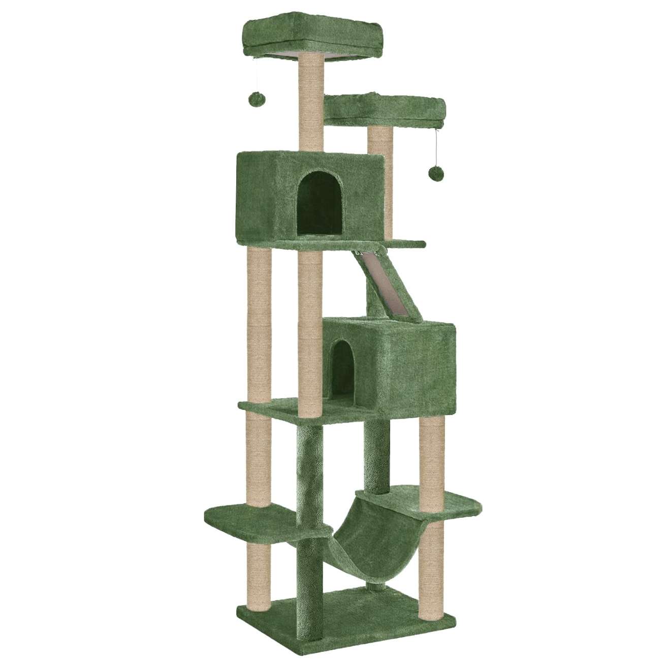 Multistory Kitten Large Cat Tree | Fur Fabric | Hammock | Hanging Balls | Condo | Ladder | Scratching Posts | Sisal/Jute Rope (Height 76 Inch)