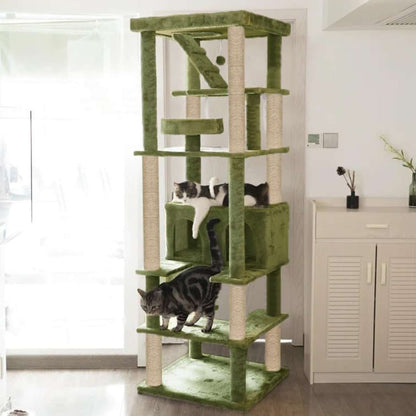 Multilevel Fur Fabric Cat Tree - Ladder | Hanging Ball | Large Condo | Jute Rope Scratching Posts | for Adult Cats & Kittens (Height 75 Inch)
