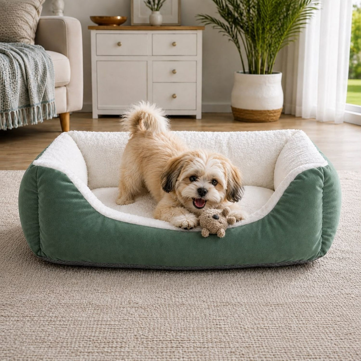 Green Comfort Pet Bed | Soft, Machine Washable & Anti-Skid Base