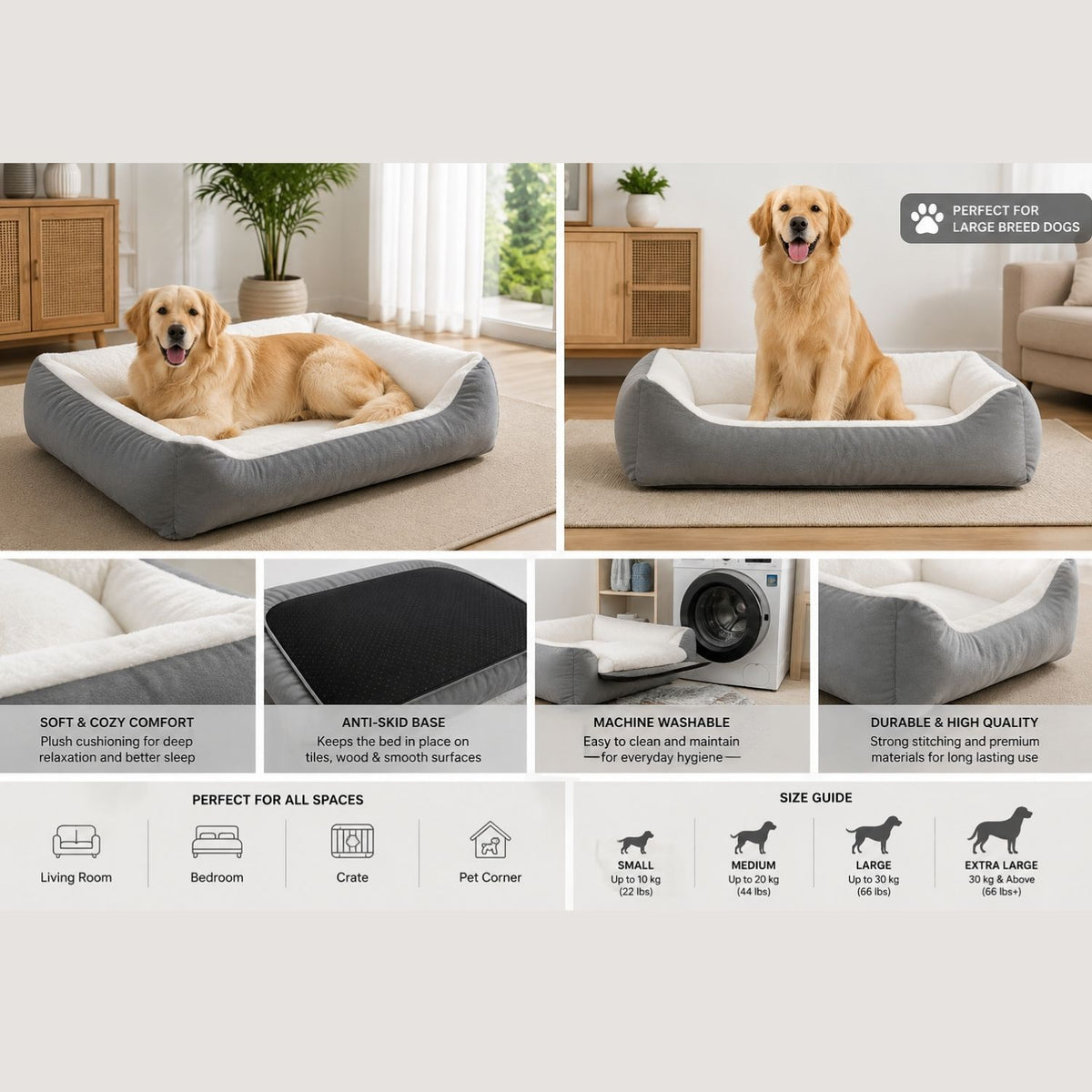 Grey Comfort Pet Bed | Soft, Machine Washable & Anti-Skid Base