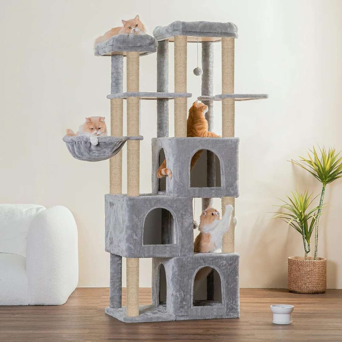 Multilevel Fur Fabric Cat Tree - Multiple Condos | Hanging Ball | Cat House | Jute Rope Scratching Posts | for Adult Cats & Kittens