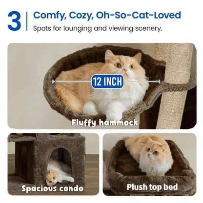 Multilevel Fur Fabric Cat Tree - Multiple Condos | Hanging Ball | Cat House | Jute Rope Scratching Posts | for Adult Cats & Kittens
