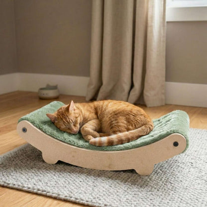 Cat Hammock Bed with Plush Cushion, Wooden Curved Rocker Design, Premium Comfort Lounger for Cats