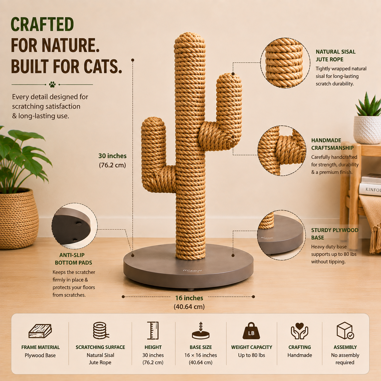 Desert Oasis Cactus Cat Scratcher – 30 Inch Sisal Post