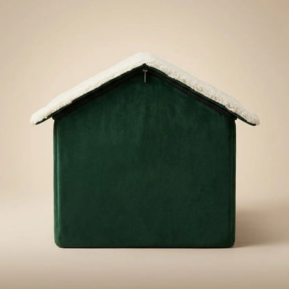 Back view of green and white plush dog house showing roof zipper assembly.
