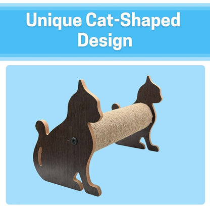 Cat Shaped Scratching Post with Natural Rope, Wooden Base Design, Wall-Mounted Horizontal and Vertical Options (15x9.5 inch)