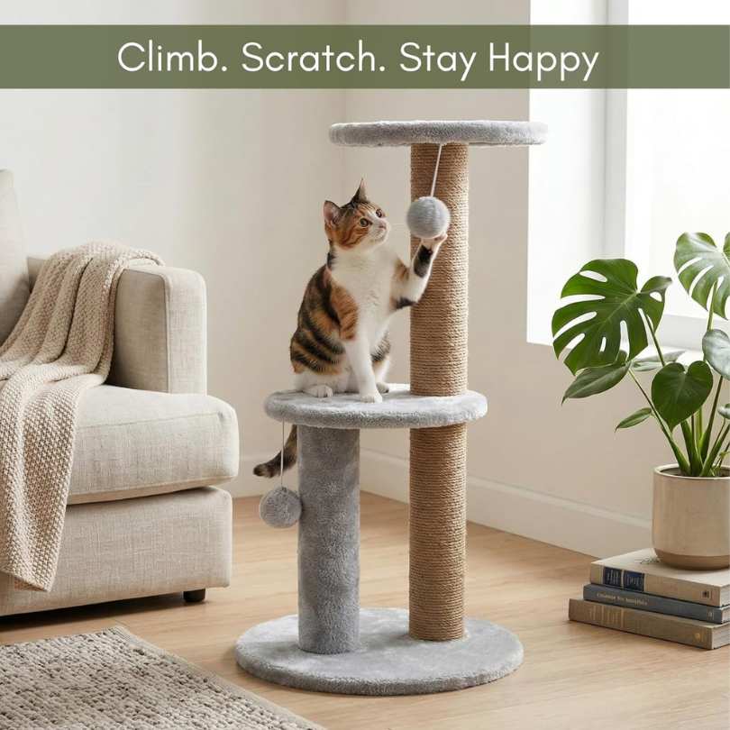 Cat Tree Tower with Scratching Posts, Grey, 3-Tier Multi-Level, Plush Platforms, Natural Rope Posts, Hanging Toys