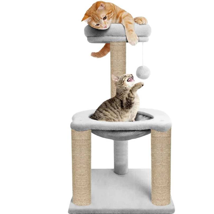 Scratching Post Cat Kitten Tree | Fleece Fabric | Hanging Toy | Hammock | Jute Rope (16 x 16 x 35 inch)