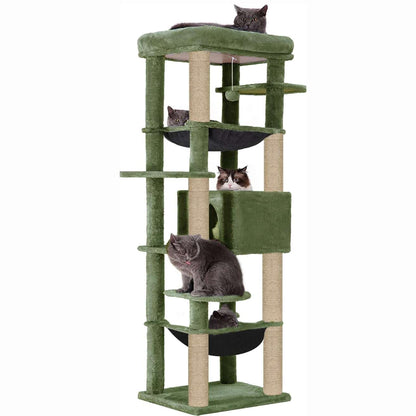 Climbing Tower Activity Cat Tree - Fur Fabric | Top Bed | Hammocks | Condo | Multiple Seats | Jute Rope Scratching Posts | for Adult Cats & Kittens (Height 70 Inch)