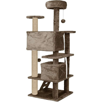 Multiple Condos Kitten Cat Tree - Plush Fur Fabric | Ladder | Top Perches | Playing Balls | Jute Rope Scratching Posts (Height 62 Inch) (Brown)