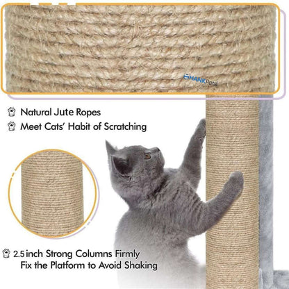 Multilevel Fur Fabric Cat Tree - Multiple Condos | Hanging Ball | Cat House | Jute Rope Scratching Posts | for Adult Cats & Kittens