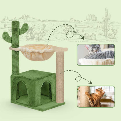 Soft Fur Condo Activity Cat Tree - Jute Rope Scratching Post, Hanging Ball, Hammock, Suitable for Small Cats (Condo 16 x 16 Inch) (Height 38 Inch) (Large) (Cactus)