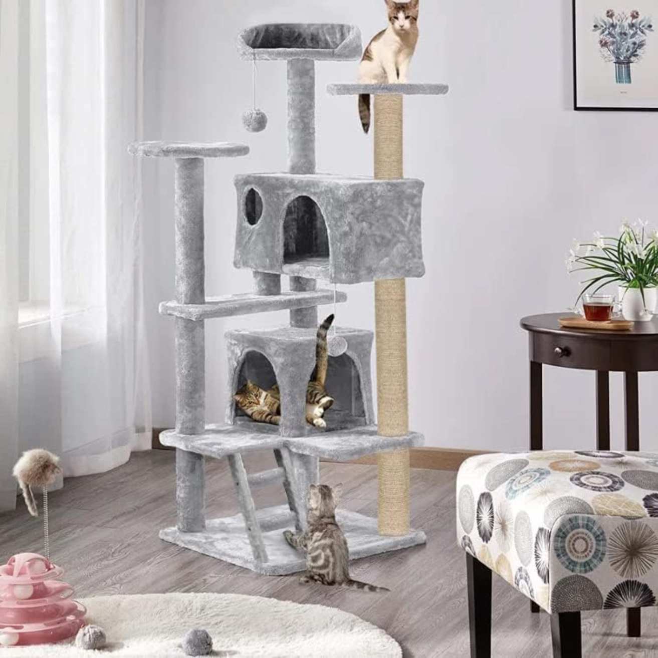 Multiple Condos Kitten Cat Tree - Plush Fur Fabric | Ladder | Top Perches | Playing Balls | Jute Rope Scratching Posts (Height 62 Inch) (Grey)
