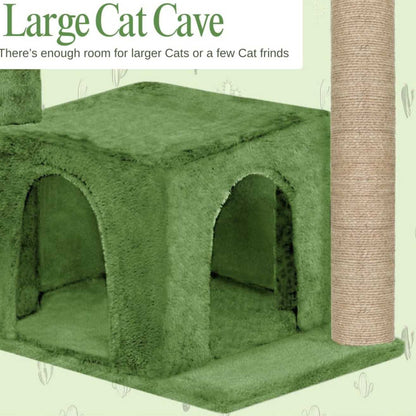 Soft Fur Condo Activity Cat Tree - Jute Rope Scratching Post, Hanging Ball, Hammock, Suitable for Small Cats (Condo 16 x 16 Inch) (Height 38 Inch) (Large) (Cactus)