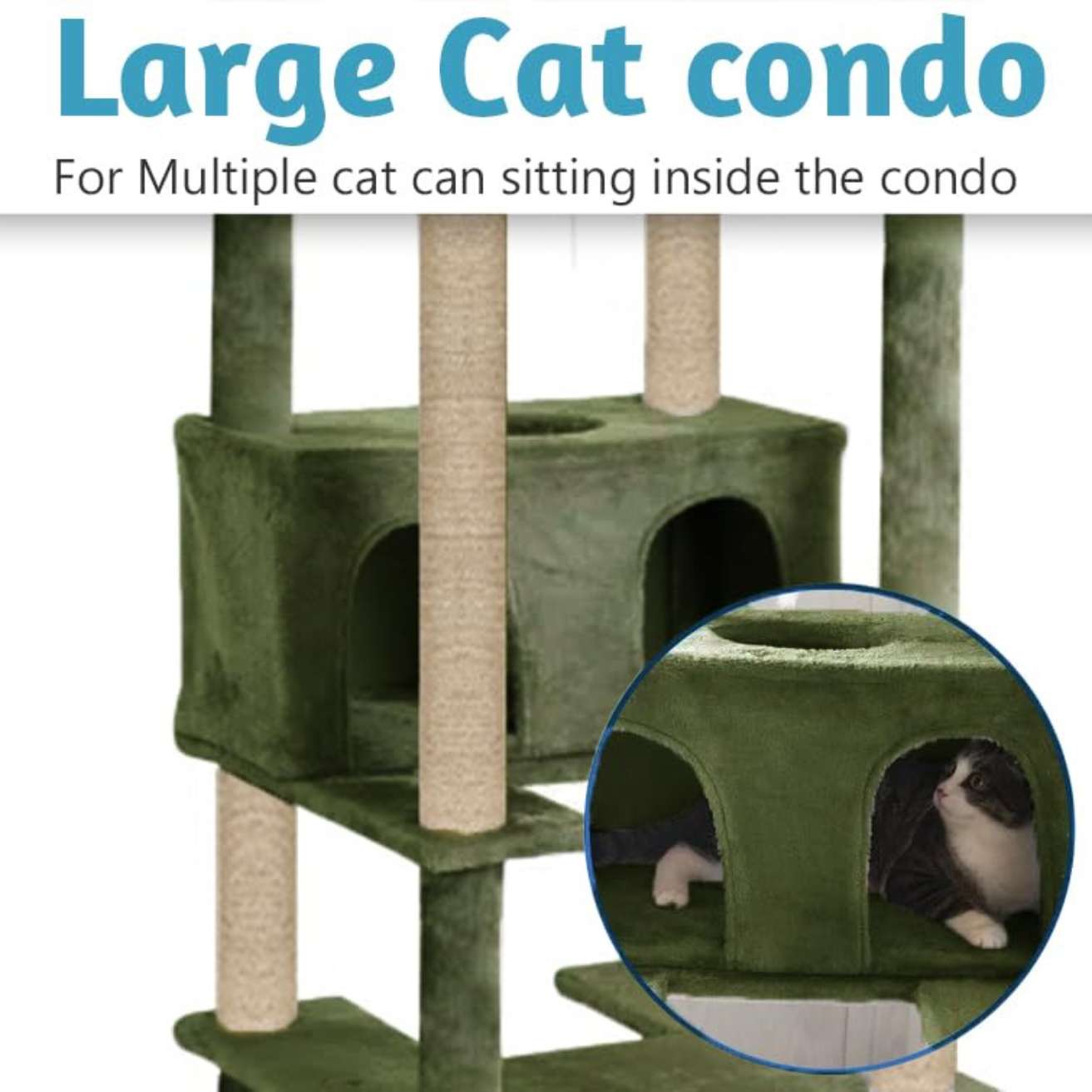 Multilevel Fur Fabric Cat Tree - Ladder | Hanging Ball | Large Condo | Jute Rope Scratching Posts | for Adult Cats & Kittens (Height 75 Inch)