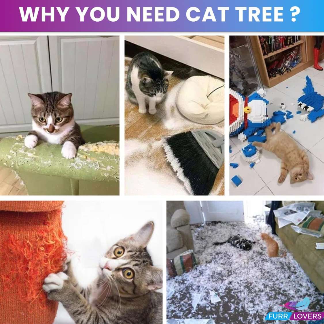 Multilevel Fur Fabric Cat Tree - Multiple Condos | Hanging Ball | Cat House | Jute Rope Scratching Posts | for Adult Cats & Kittens