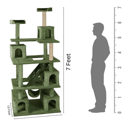 Multilevel Fur Fabric Cat Tree - Ladder | Hanging Ball | Tunnel | Multiple Condos | Jute Rope Scratching Posts | for Adult Cats & Kittens (32 x 19 x 85 Inches)