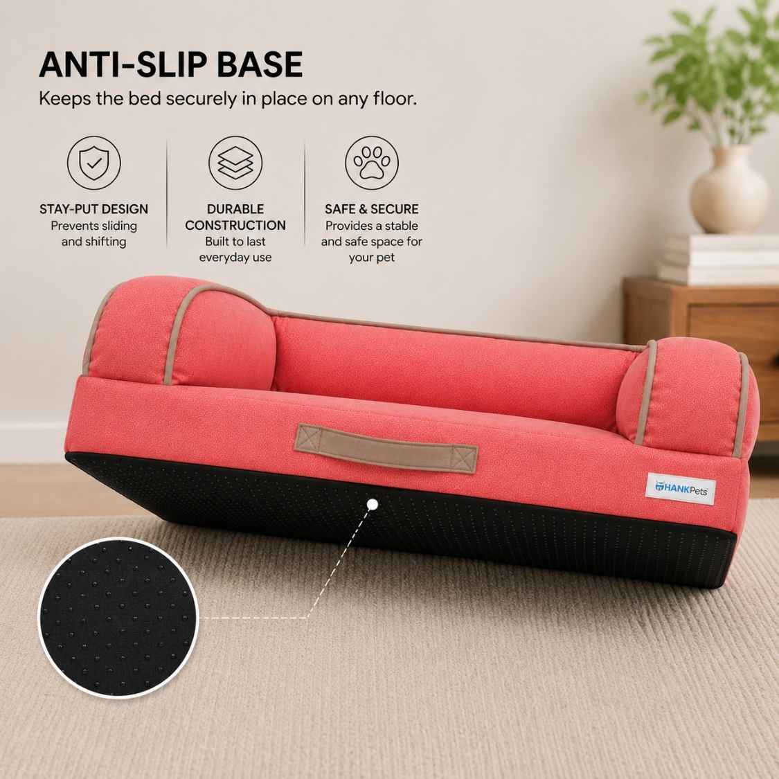 HANK CloudRest Dog Bed – Orthopedic Dog Sofa Bed, Washable & Anti-Slip Pet Bed(Pink)