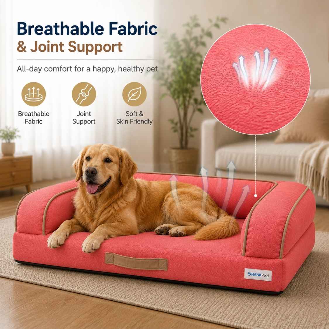 HANK CloudRest Dog Bed – Orthopedic Dog Sofa Bed, Washable & Anti-Slip Pet Bed(Pink)