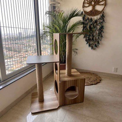 Modern Wooden Cat Tower with Scratcher & Condo