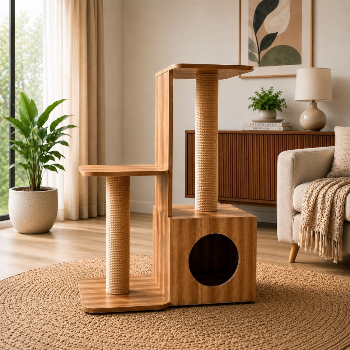 Modern Wooden Cat Tower with Scratcher & Condo