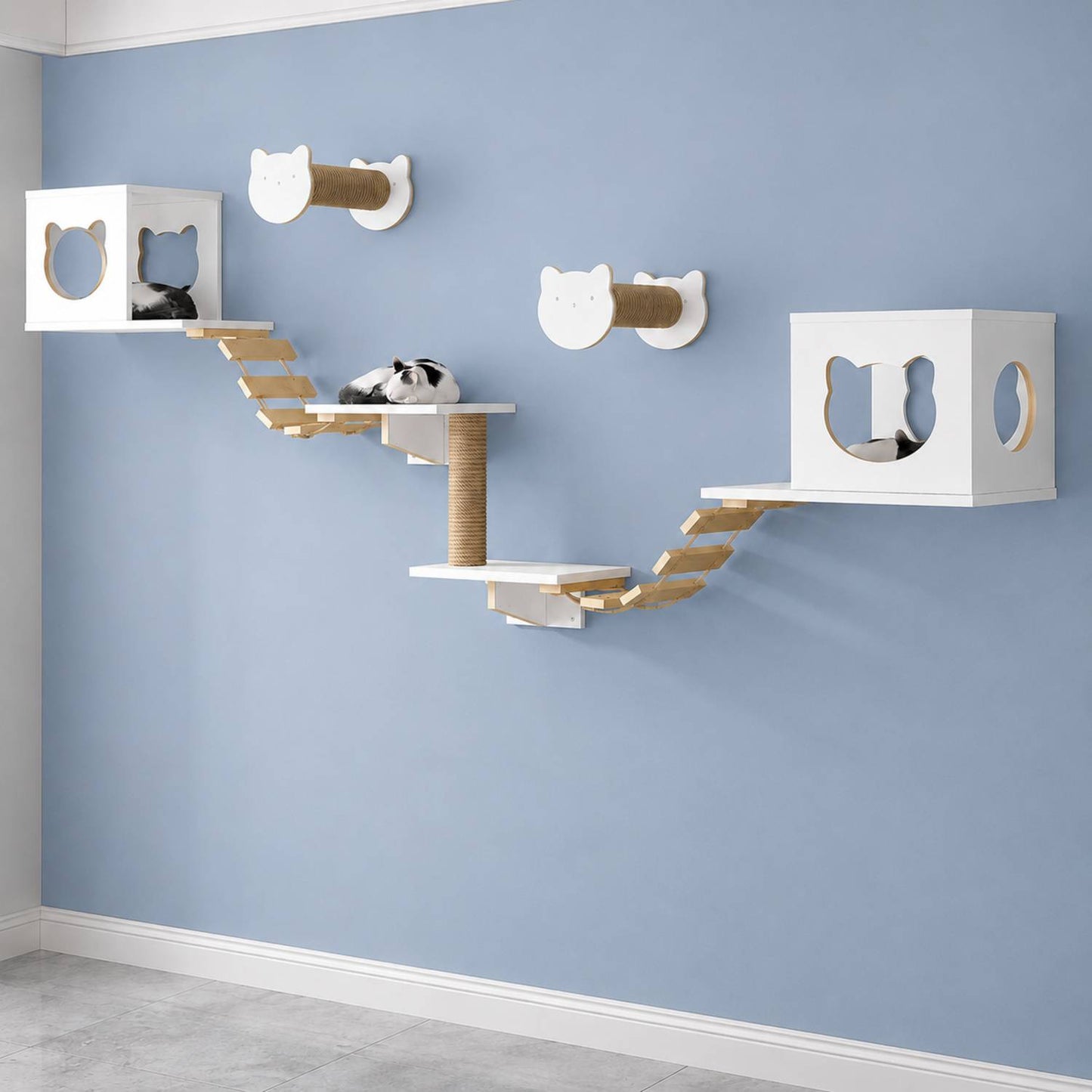 Wall Mounted Cat Tree | Cat Climbing Wall with Bridge & Hideout | Multi-Cat Gym